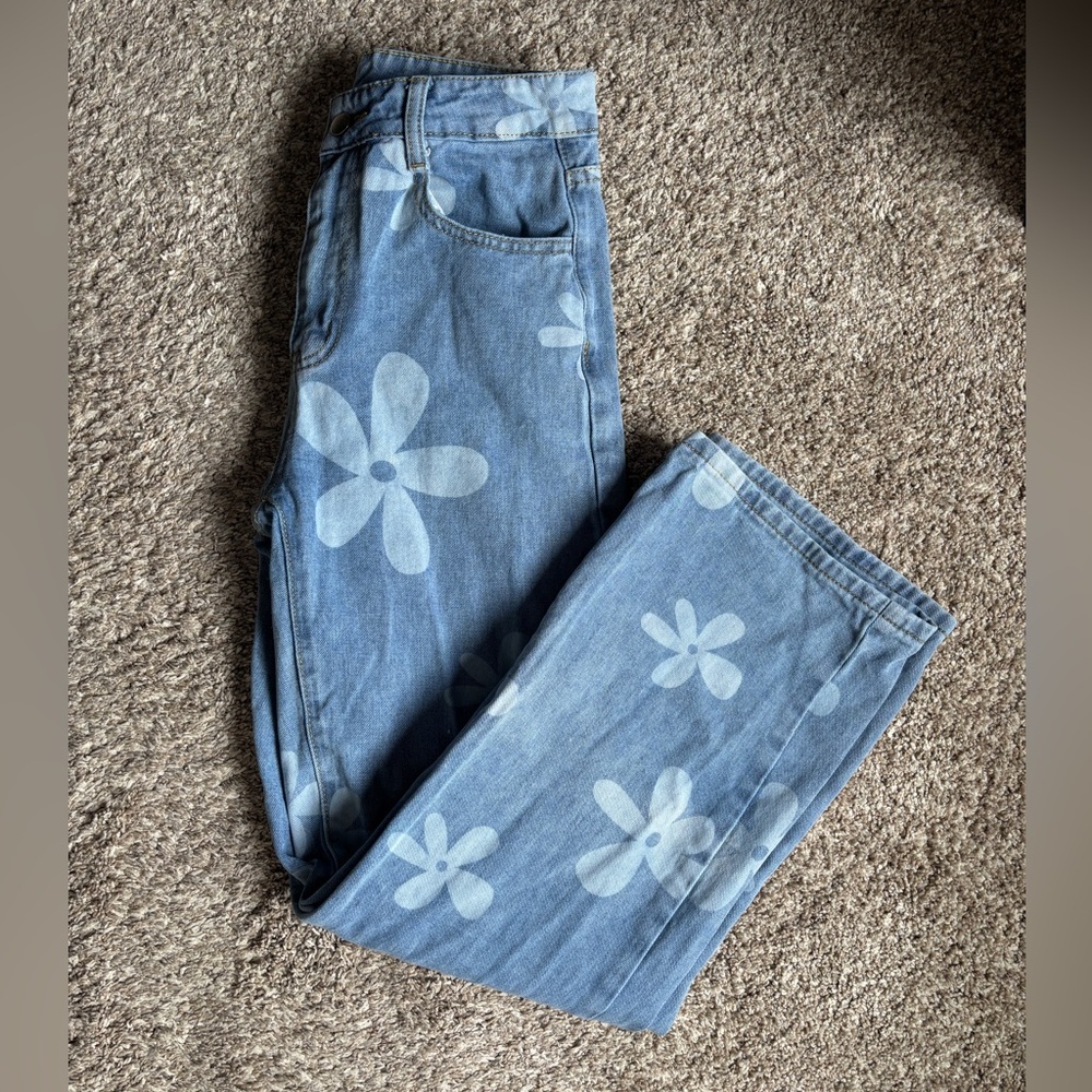 SHEIN Blue Floral Straight Leg Jeans
